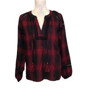 NWOT Knox Rose Red Black Plaid Peasant Top Tassel
